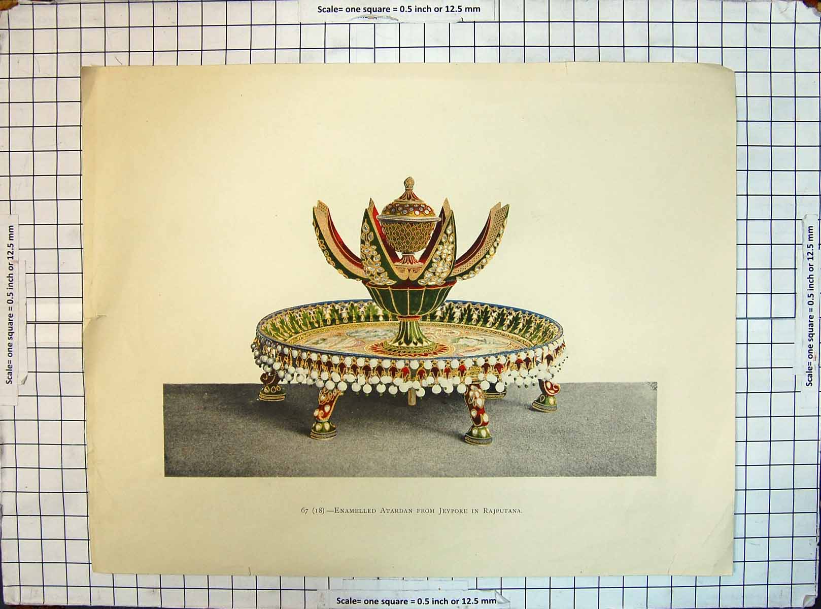 Original Old Antique Print Colour Enamelled Atardan Jeypore Rajputana