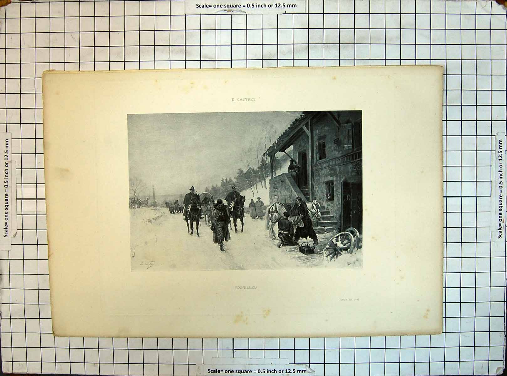Old Antique Print Engraving Expelled 1891 Horses Family House War Siers 19th