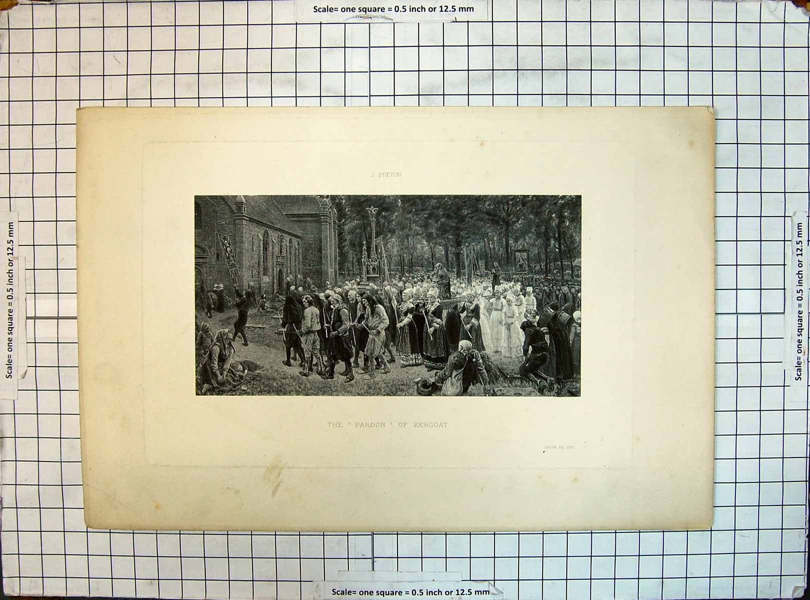 Original Old Antique Print Engraving 1891 Scene Pardon Kergoat Procession 19th