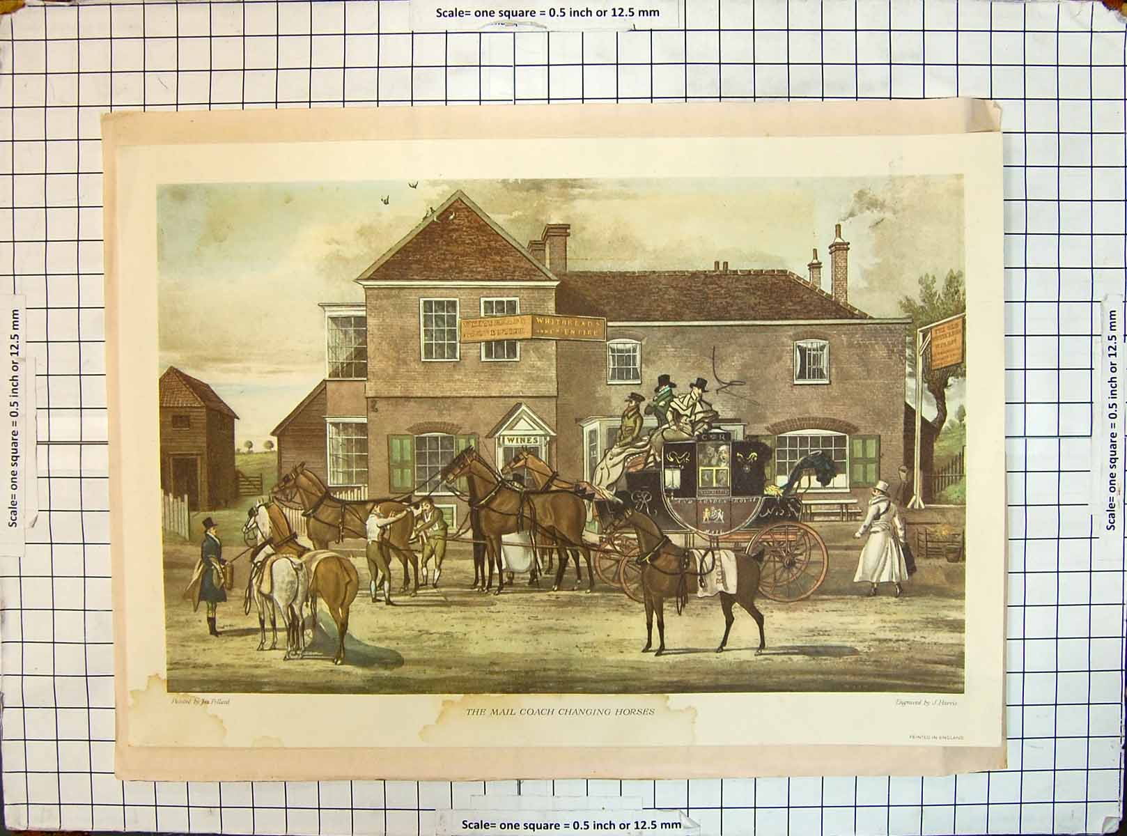 Original Old Antique Print Mail Coach Changing Horses Transport Harris Pollard