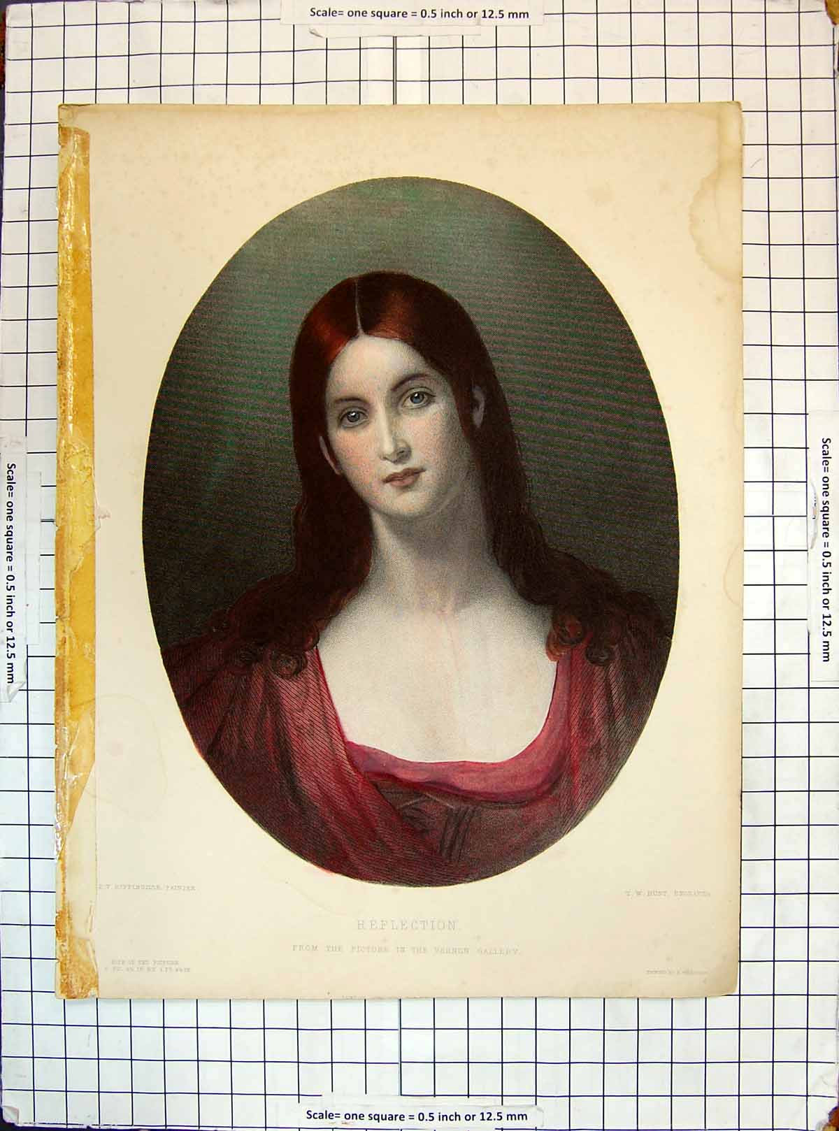 Antique Old Print Colour Portrait Reflection Beautiful Woman Hunt Rippingille