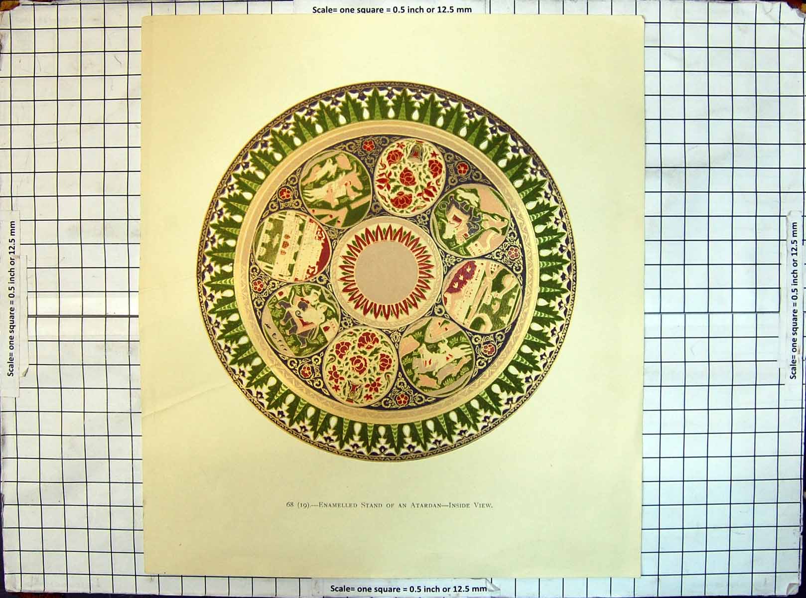 Original Old Antique Print Colour Inside View Enamelled Stand Atardan