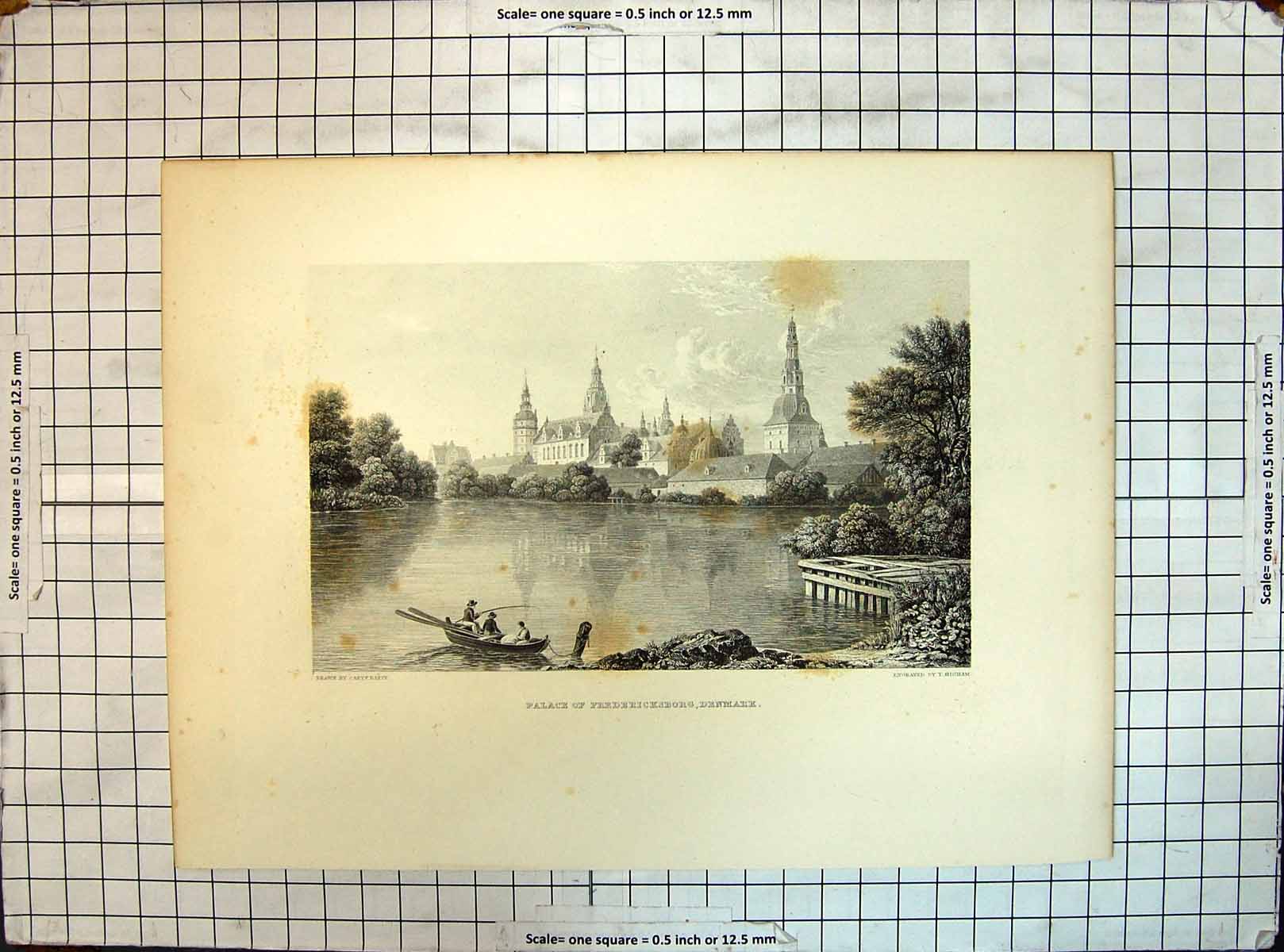 Old Engraving Palace Fredericksborg Denmark Architecture River Boat H