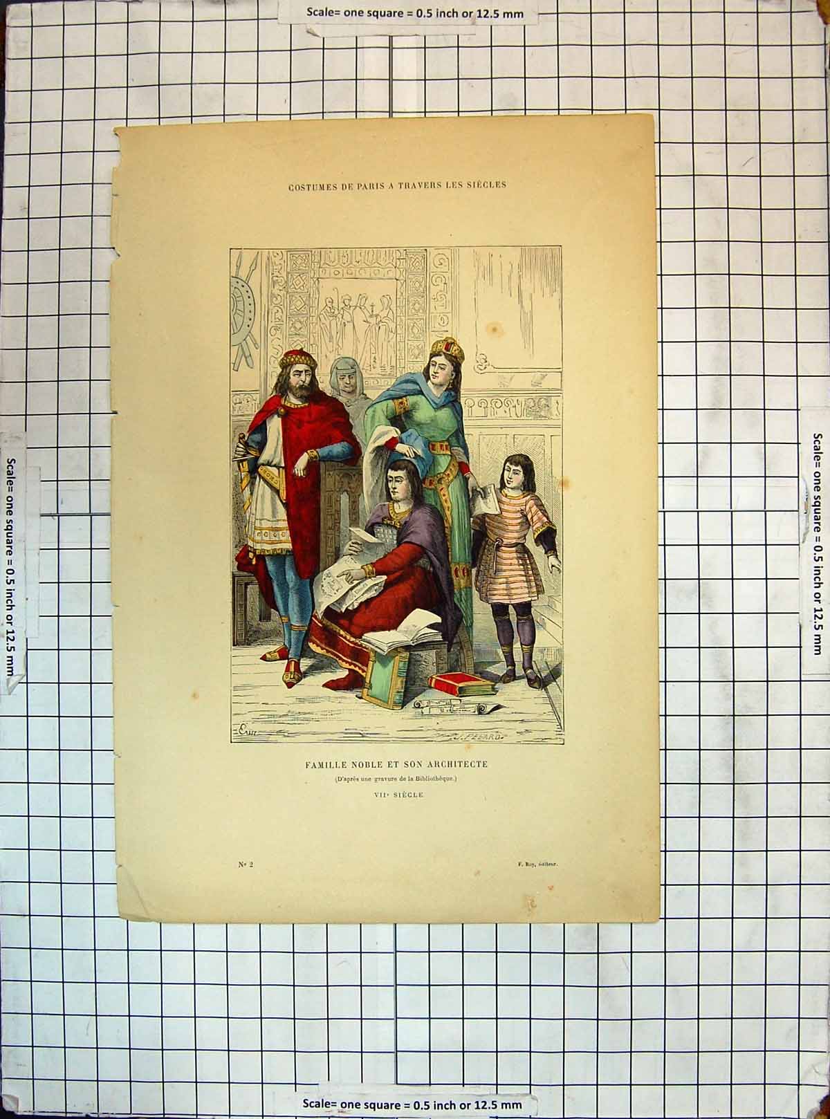 Old Antique Print Famille Noble Architecte Costumes Paris Family Fashion