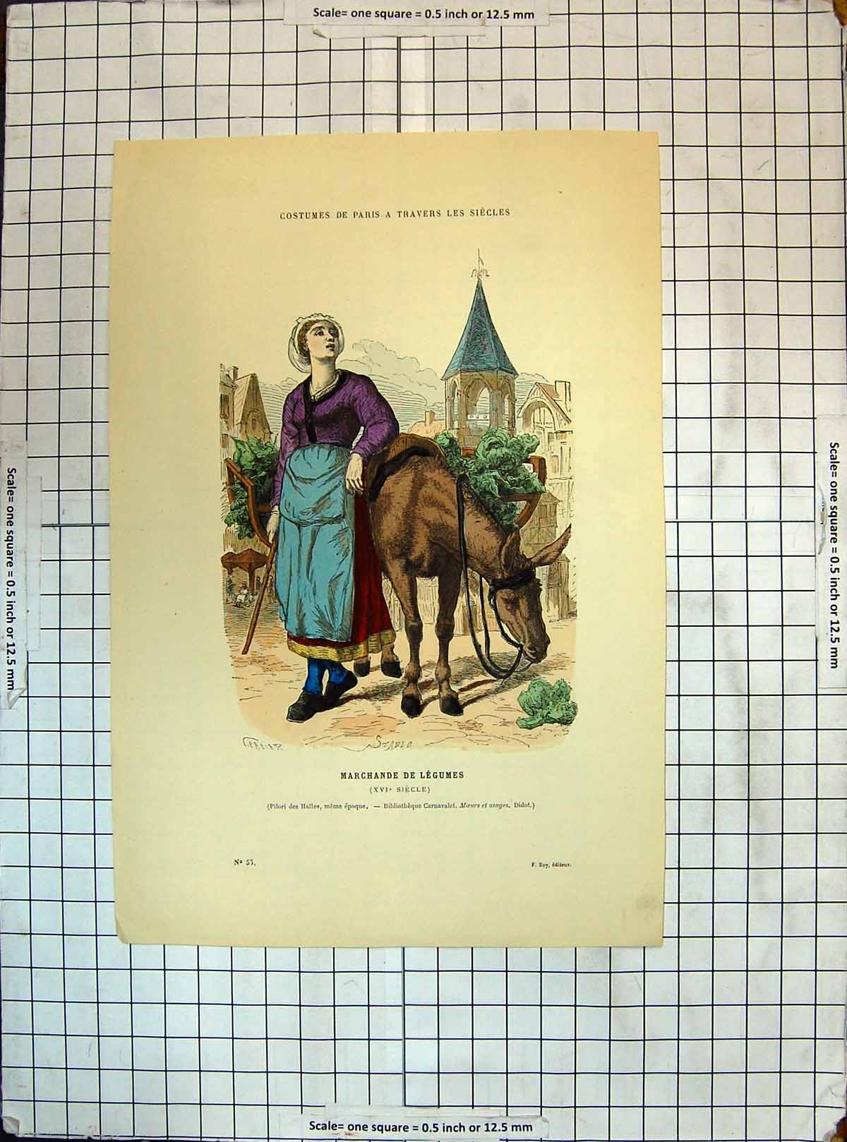 Original Old Antique Print Marchande Legumes Costumes Paris Market Trader Horse
