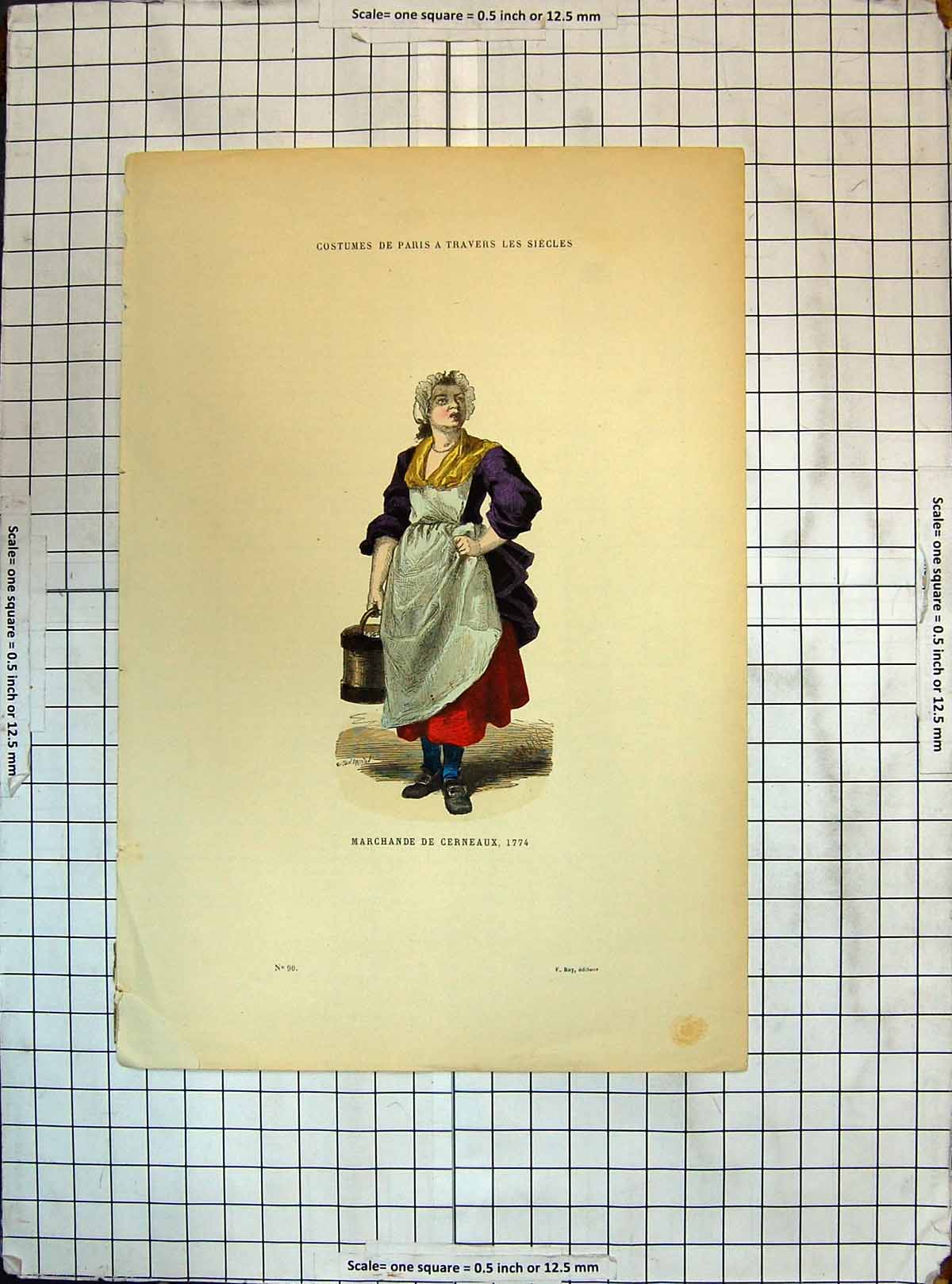 Old Antique Print Colour Costumes Paris Marchande Cerneaux Woman Bucket
