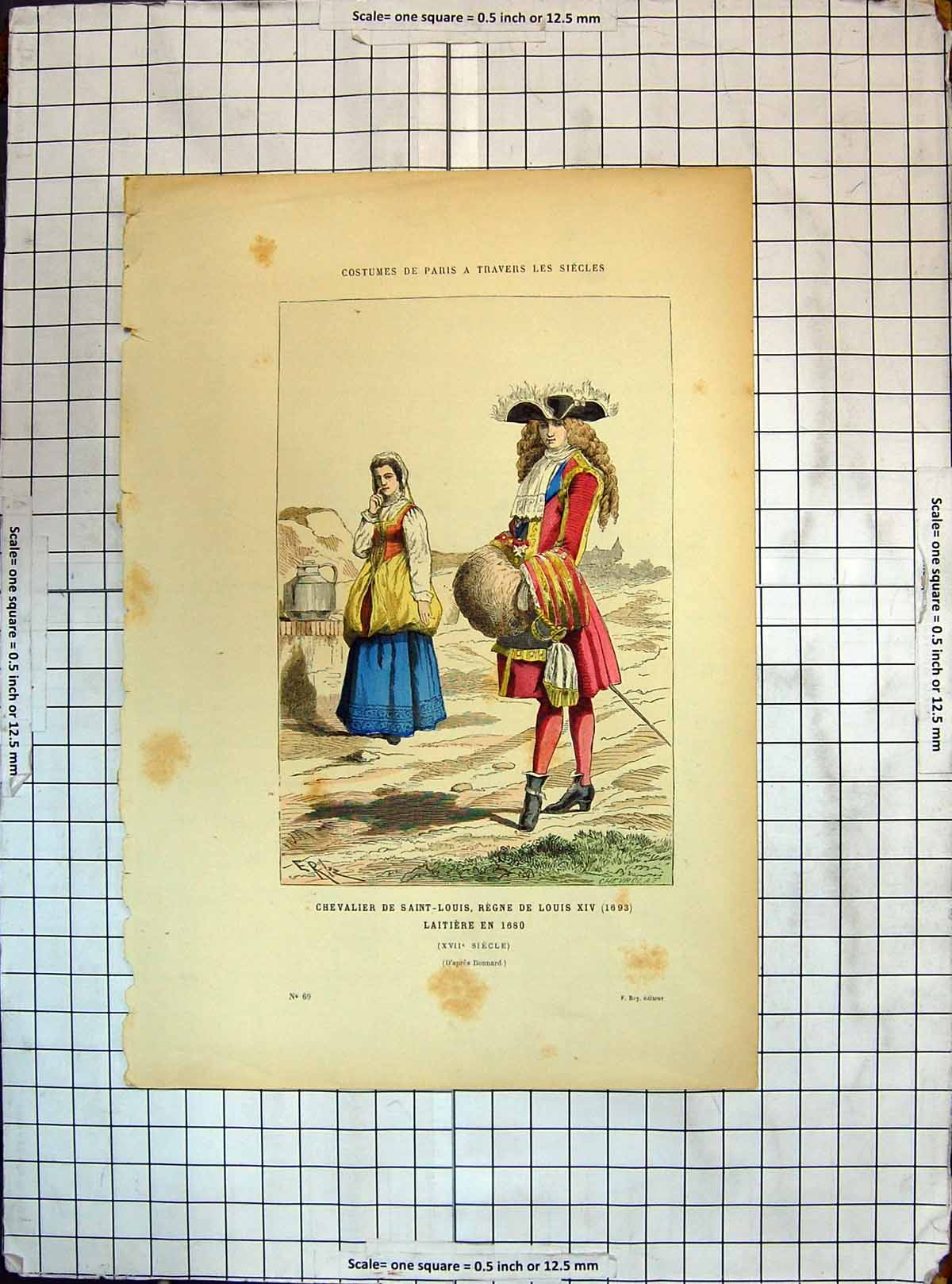 Original Old Antique Print Costumes Paris Chevalier Saint-Louis Regne Louis Xiv