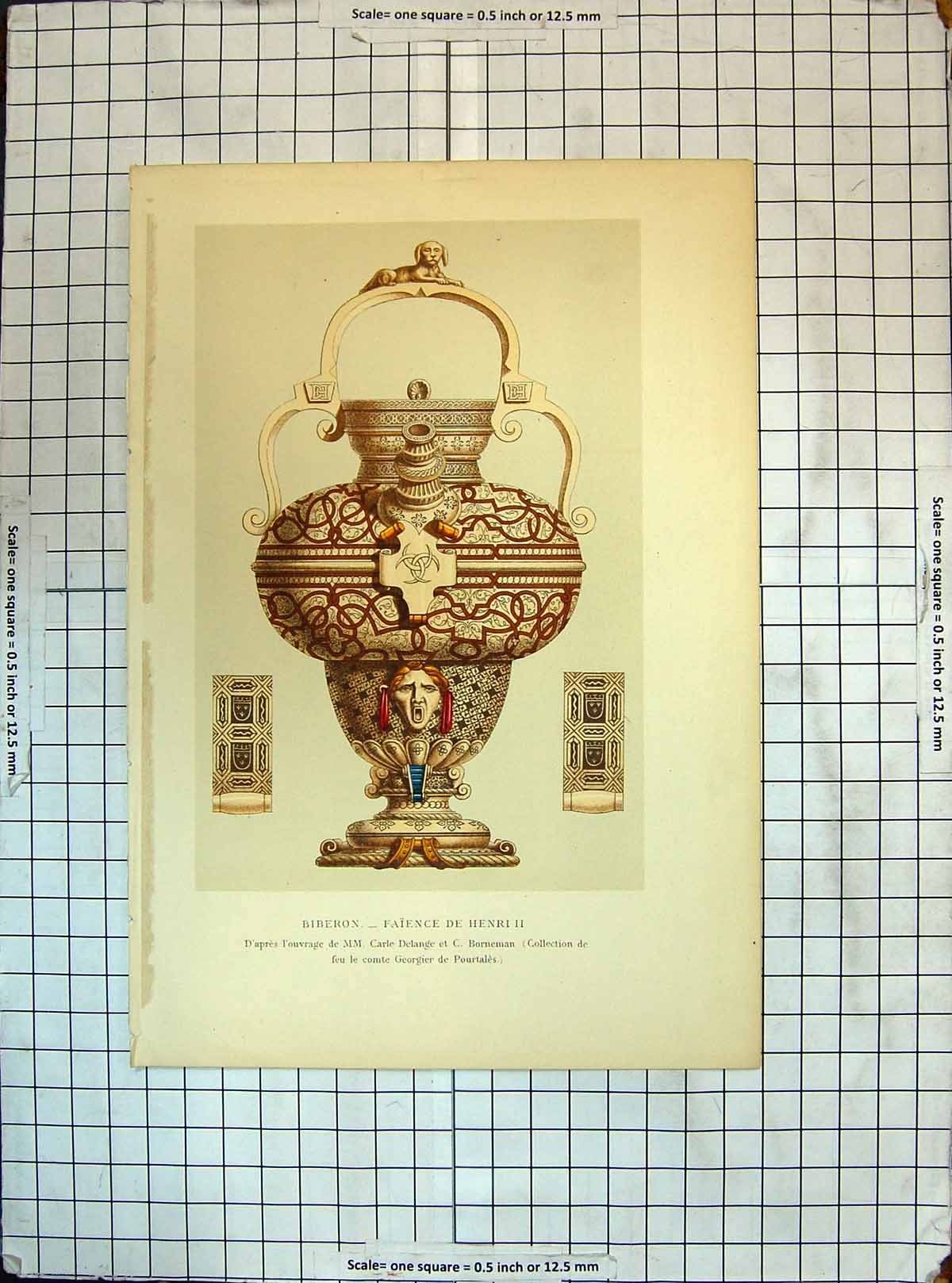 Original Old Antique Print Colour Biberon Faience Henri Georgier Pourtales