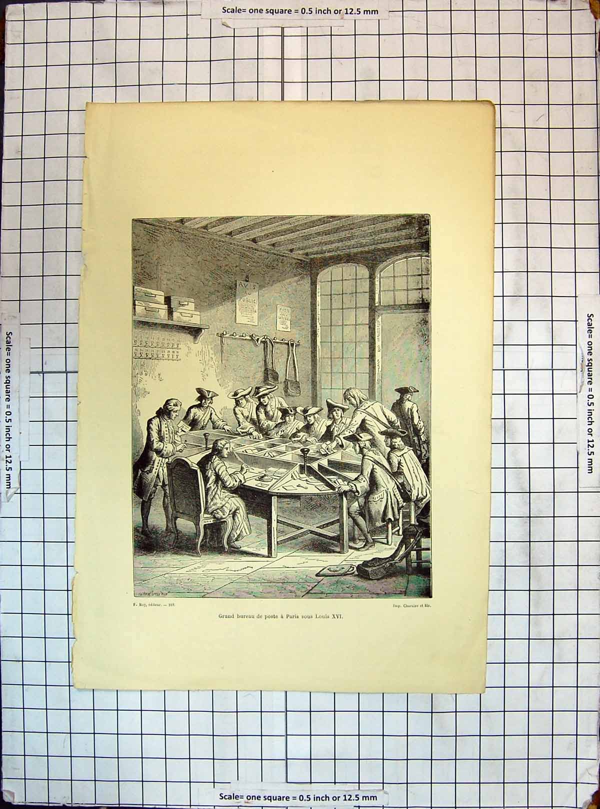 Old Print Engraving Grand Bureau Poste Paris Sous Louis Post Fice Letters