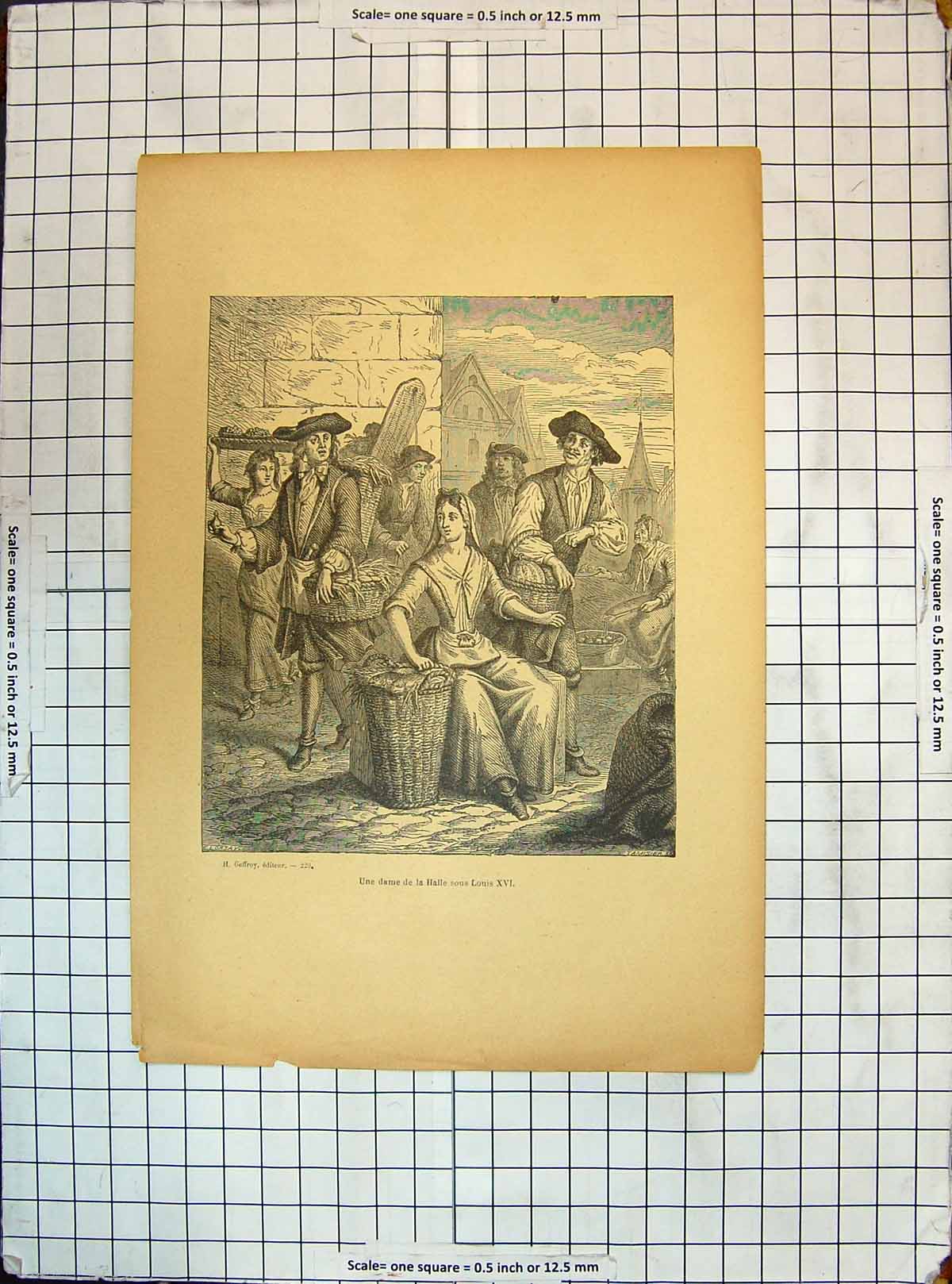 Old Antique Print Une Dame Halle Sous Louis Xvi Lady Market Street Scene