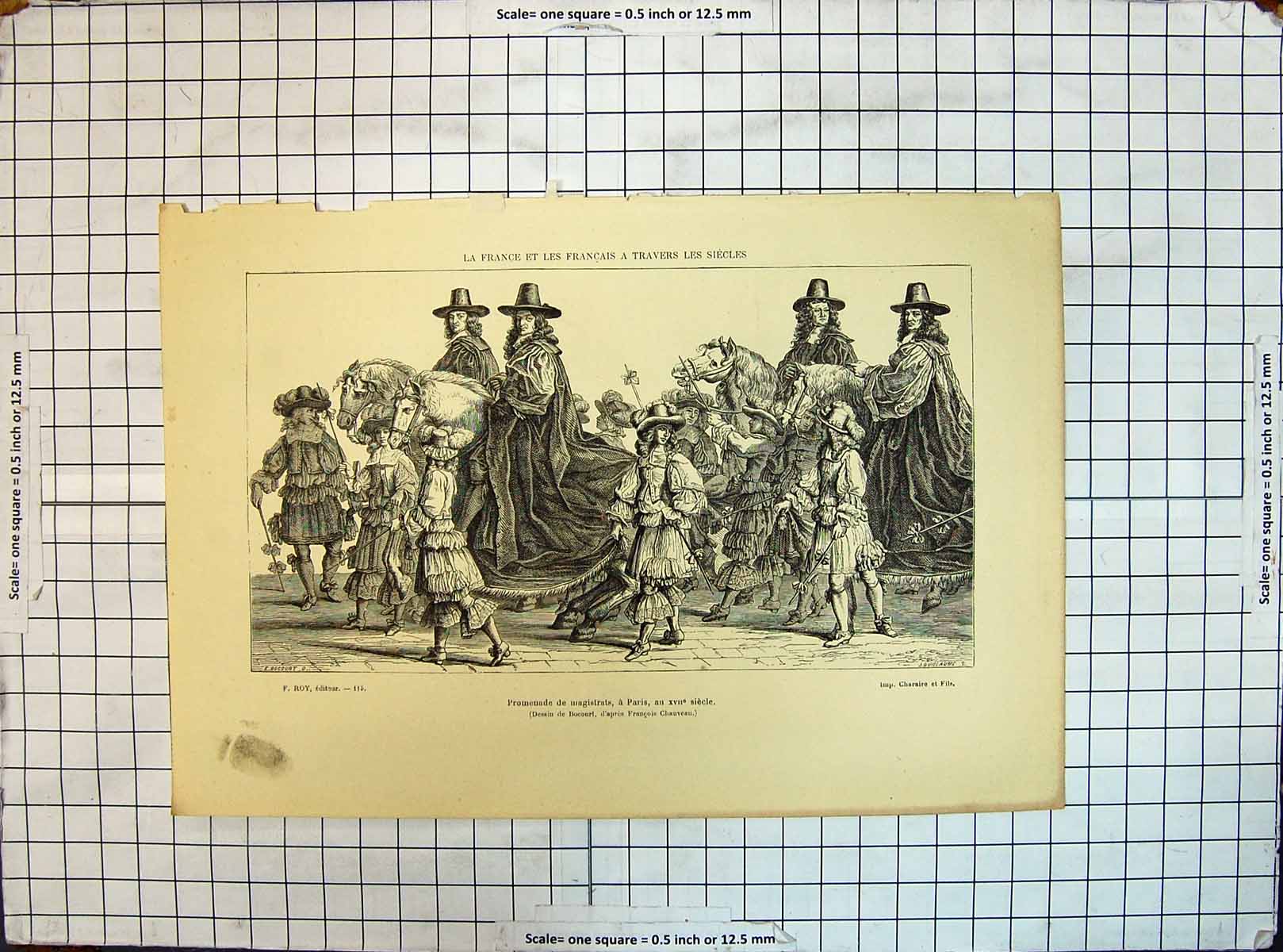 Original Old Antique Print France Travers Siecles Promenade Magistrats Siecle
