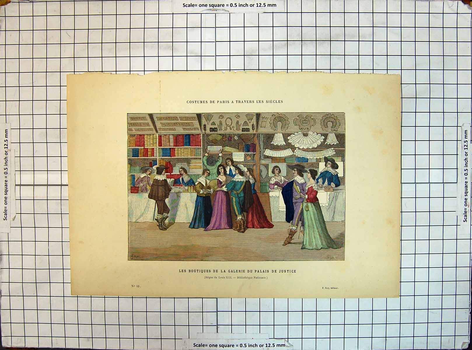 Old Antique Print Colour Paris Costumes Boutiques Galerie Palais Justice