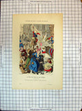 Antique Old Print Colour Paris Costumes Fete Des Fous Diacres Entertainment
