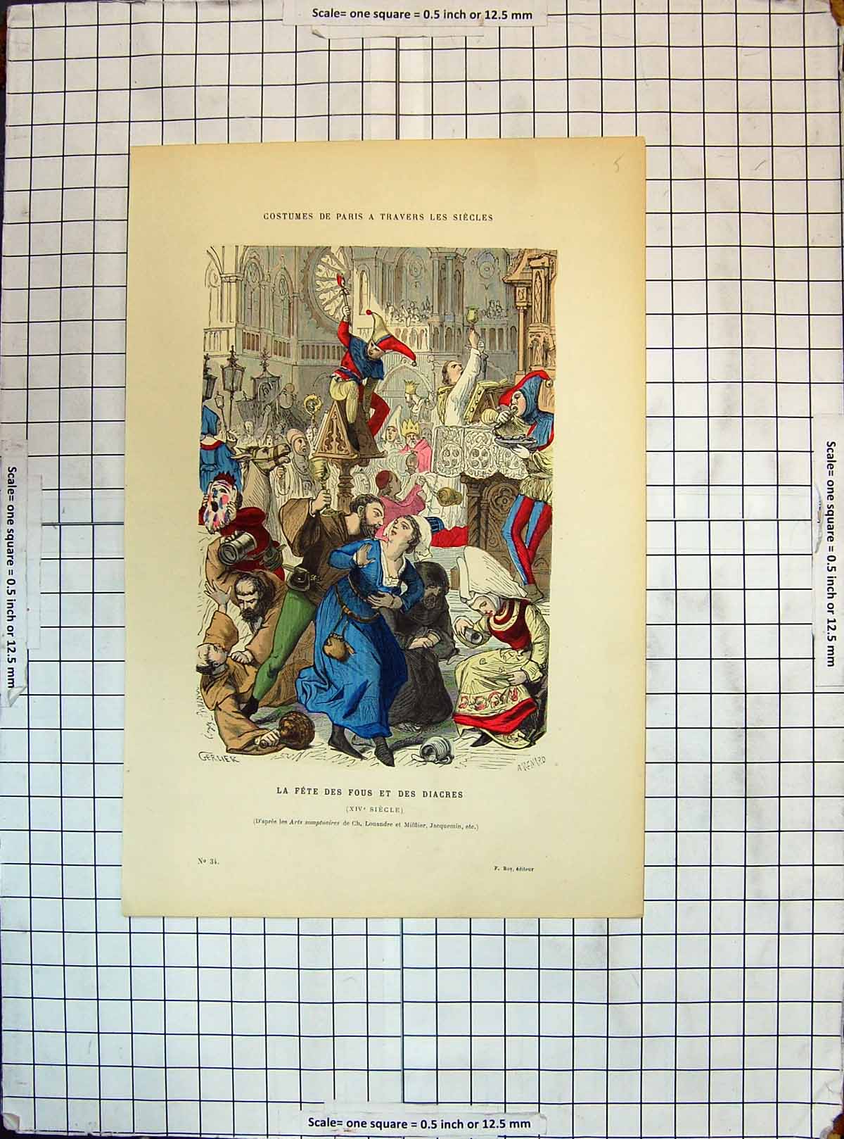 Antique Old Print Colour Paris Costumes Fete Des Fous Diacres Entertainment