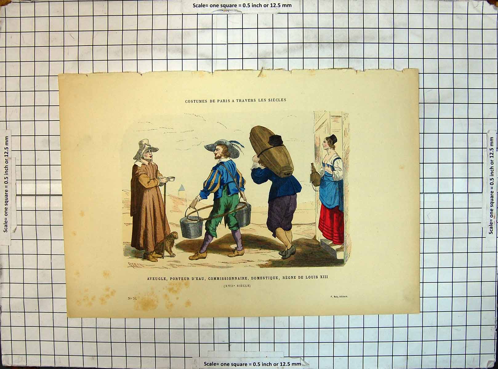 Antique Old Print Costumes Paris Aveugle Porteur Commissionnaire Domestique