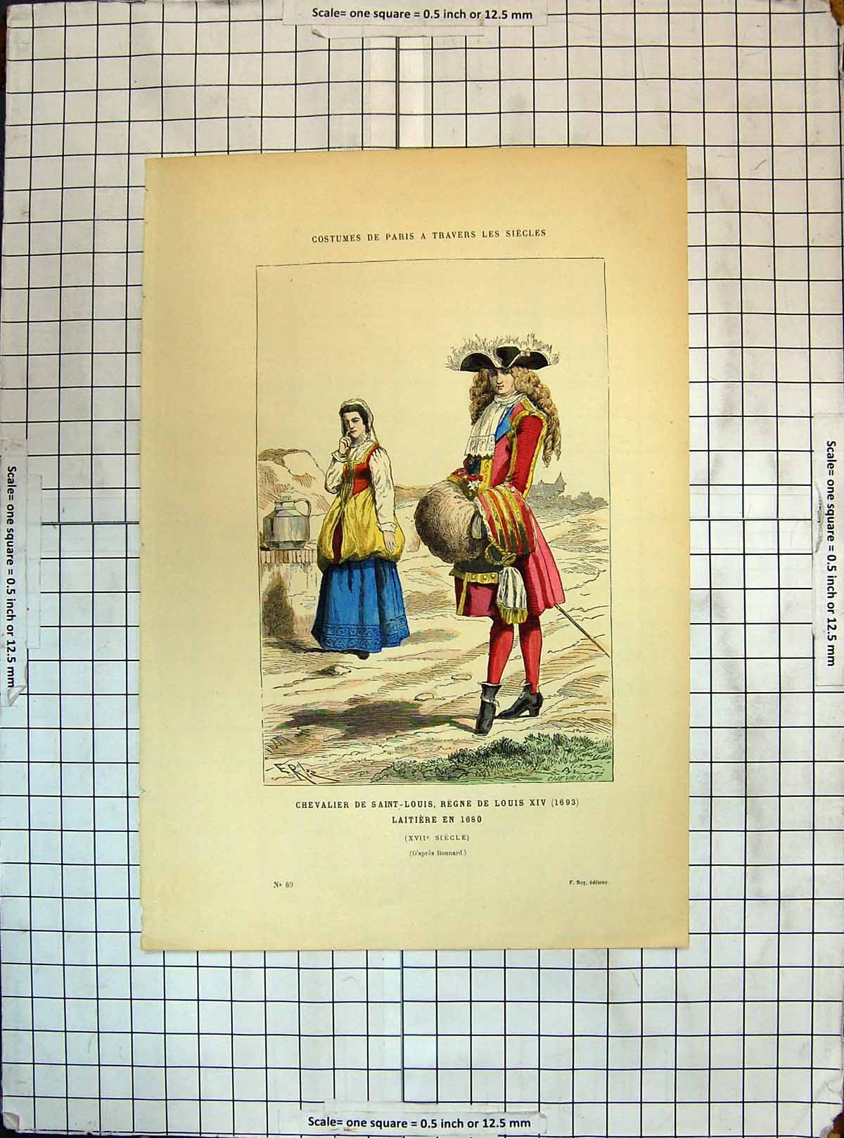 Original Old Antique Print Costumes Paris Chevalier Saint-Louis Regne Laitiere