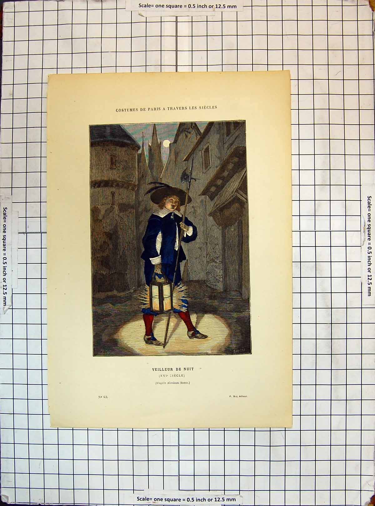 Old Antique Print Costumes Paris Veilleur De Nuit Man Street Scene Lamp