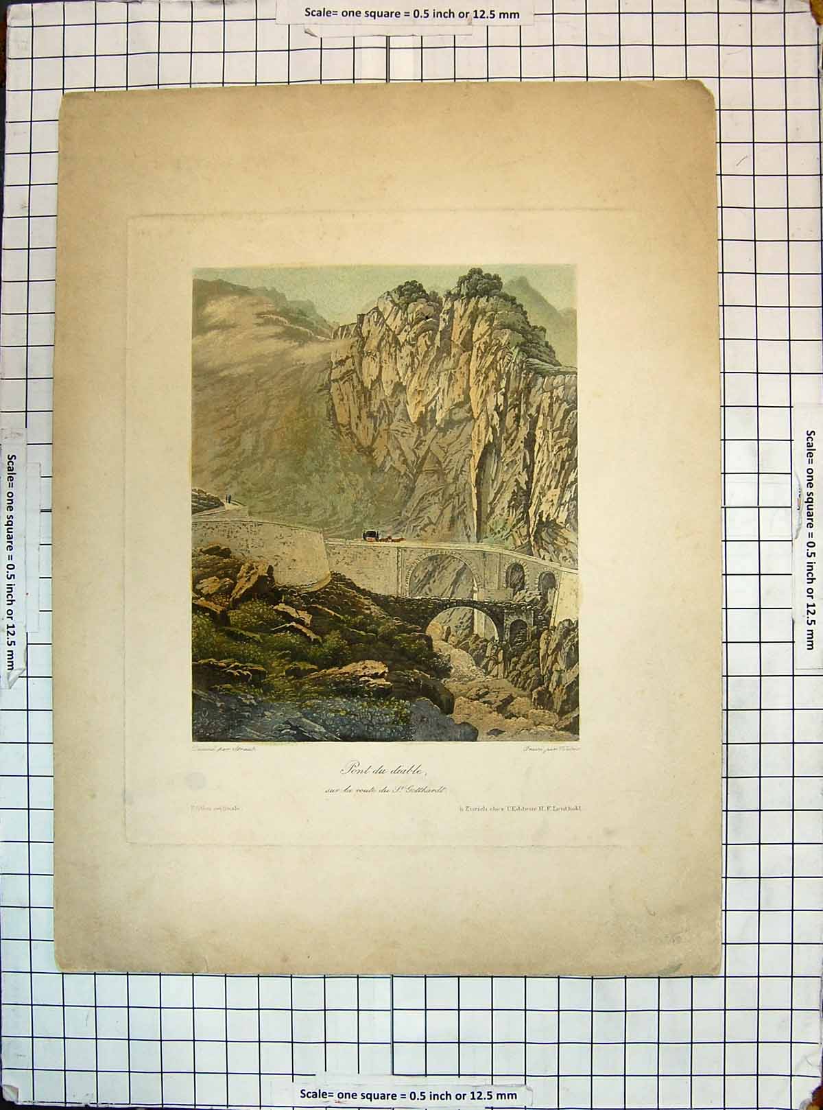 Antique Old Print View Pont Du Diable Mountains Bridge Horses Coach Colour