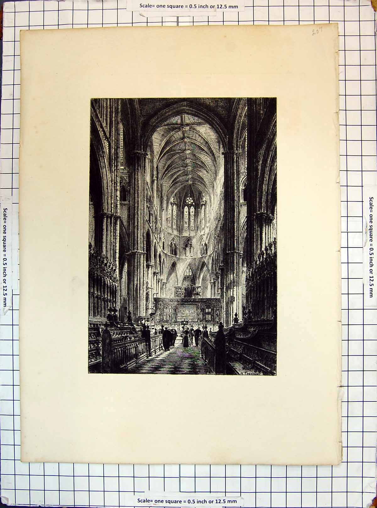Antique Old Print Engraving Interior Church Cathedral Architecture Toussaint