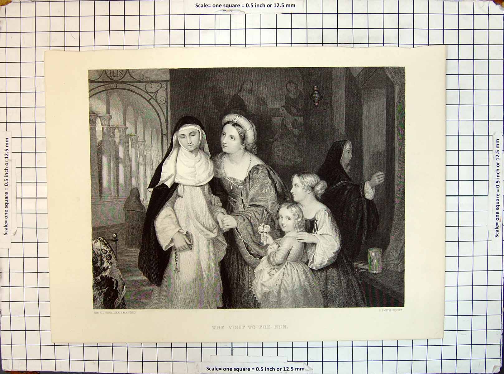 Old Print Engraving Visit Nun Mother Children Church Scene Smith Eastlake