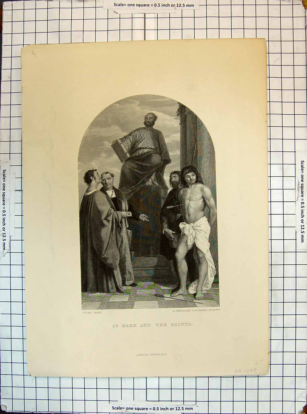 Antique Print St. Mark Saints Sculpture Church Scene Geyer Pommer Engraving