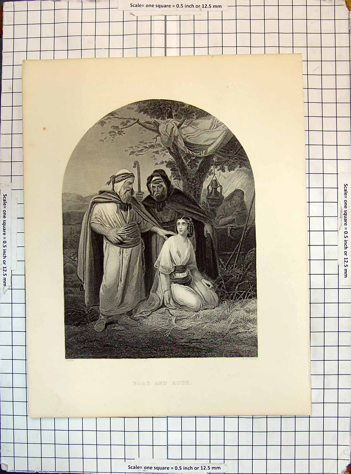 Original Old Antique Print Boaz Ruth Beautiful Young Woman Men Engraving