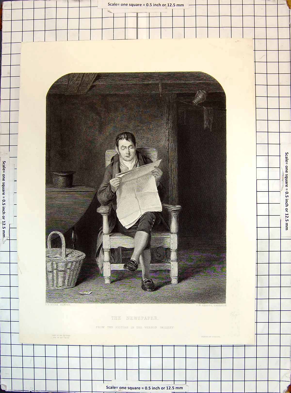 Old Engraving Man Reading Newspaper Sitting Chair Sharpe Goode Vernon 19th