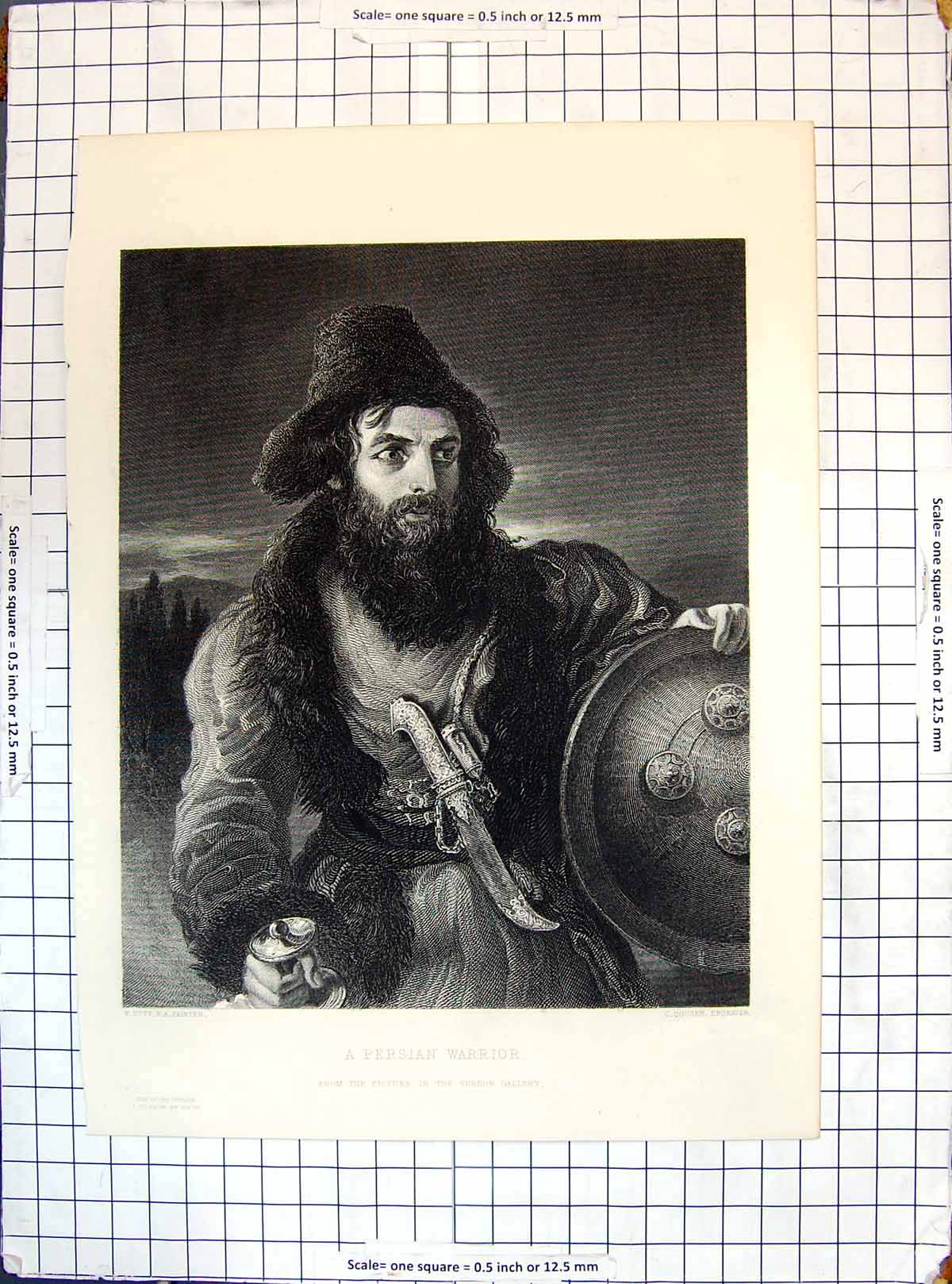 Antique Old Print Portrait Persian Warrior Man Weapons Engraving Cousen Etty