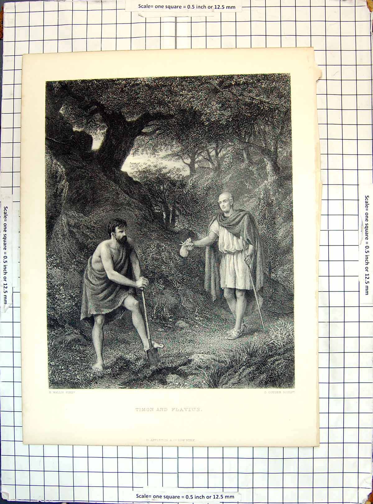 Antique Old Print Scene Timon Flavius Digging Woods Engraving Cousen Wallis
