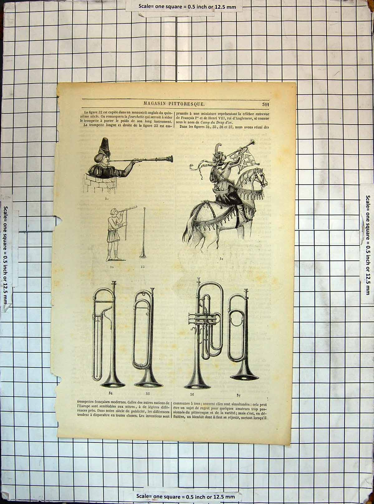 Original Old Antique Print Magasin Pittoresque Men Horse Music Trumpets 20th
