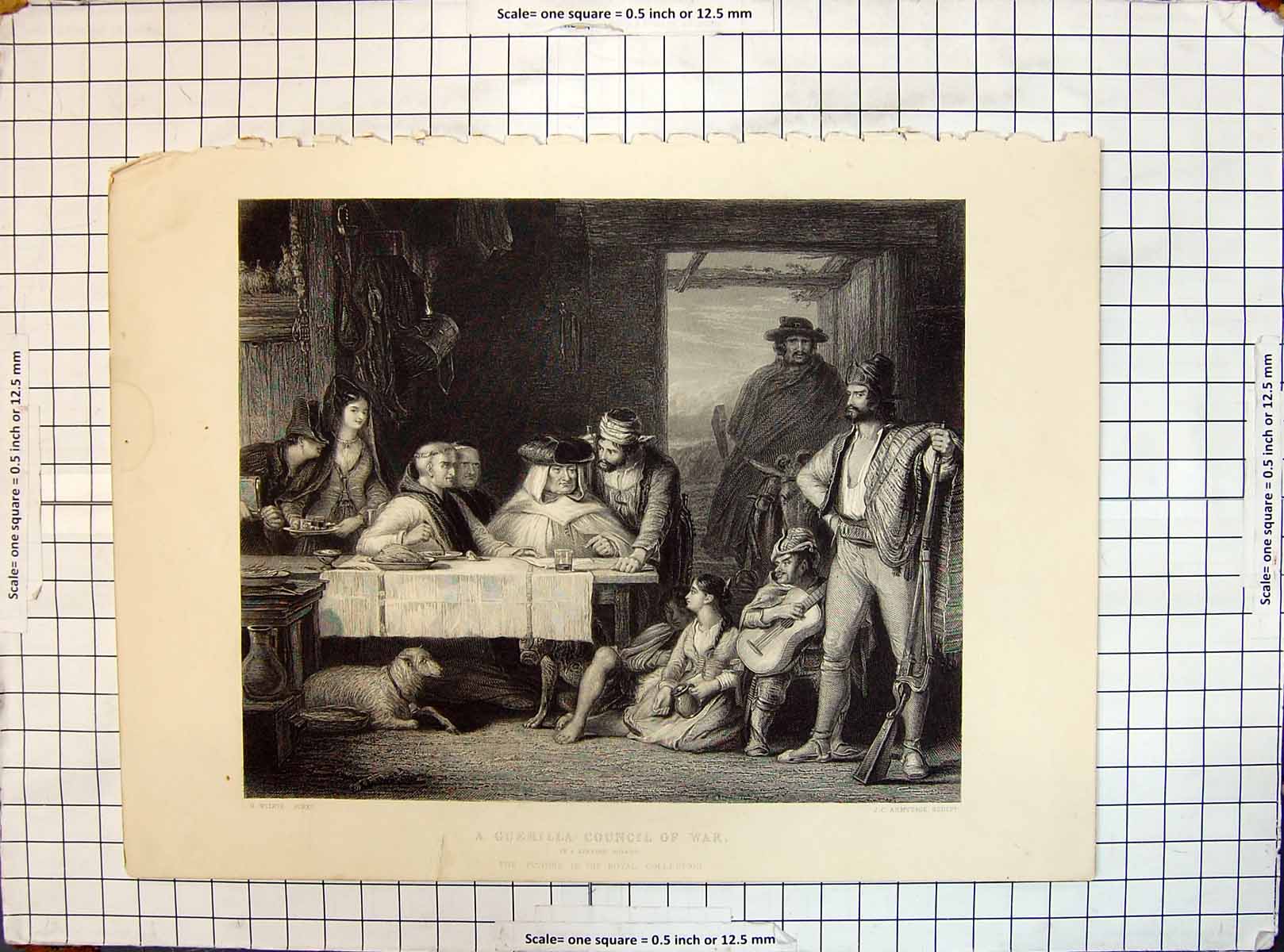 Antique Print Guerilla Council War Spanish Posado Wilkie Armytage Engraving