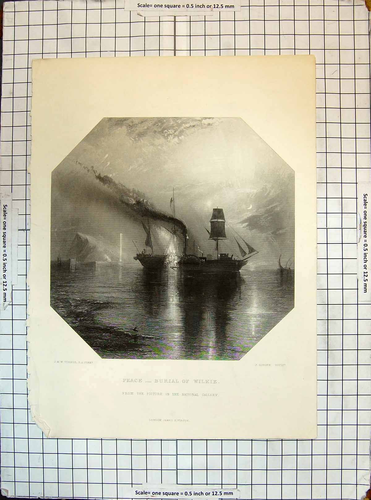 Antique Old Print Peace Ship Burial Wilkie Steamer Engraving Cousen Turner