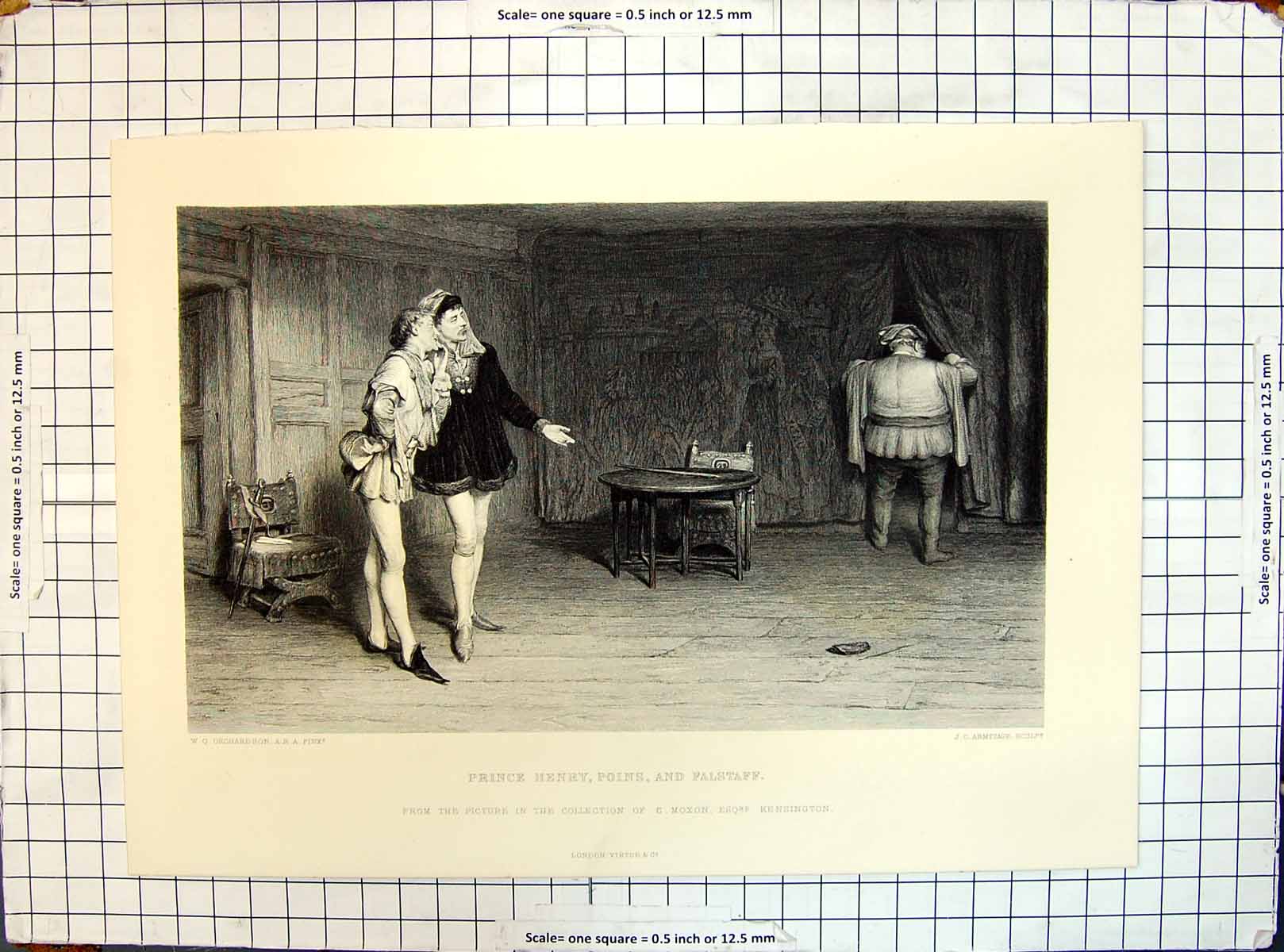 Old Prince Henry Poins Falstaff Looking Through Curtain Engraving Arm