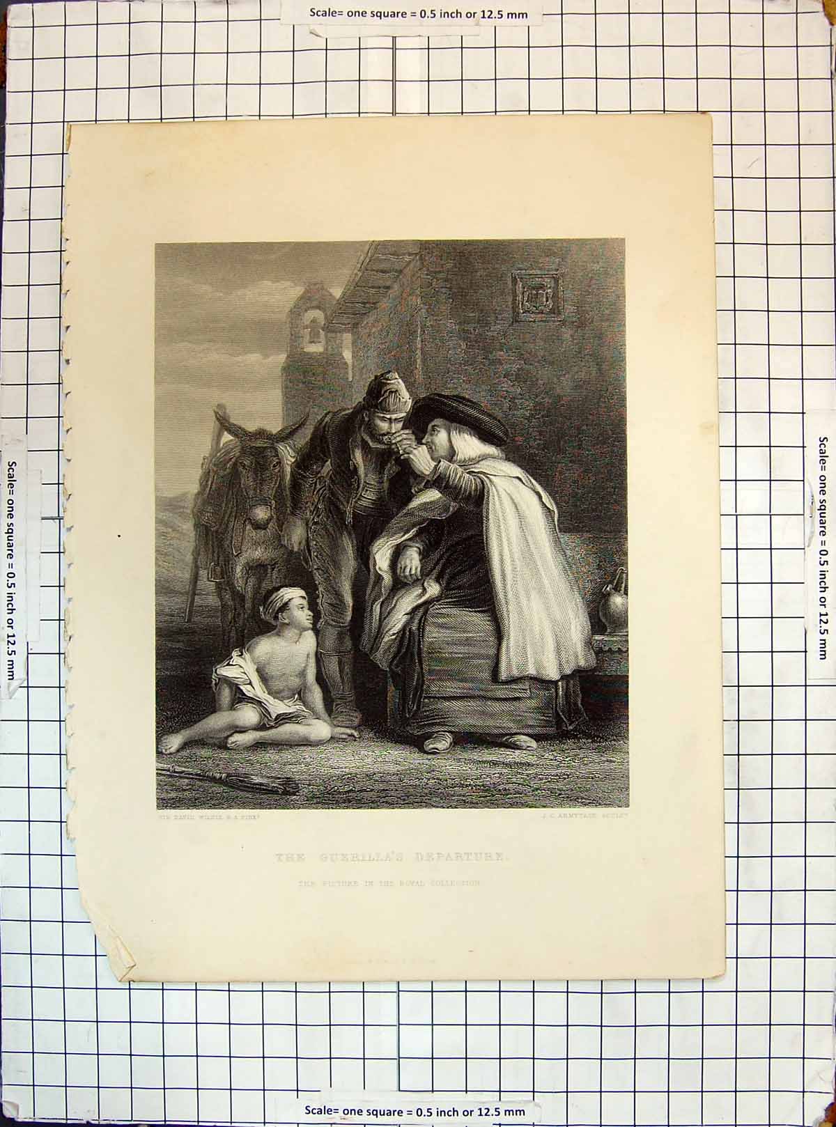 Antique Old Print Scene Guerilla'S Departure Family Engraving Armytage Wilkie