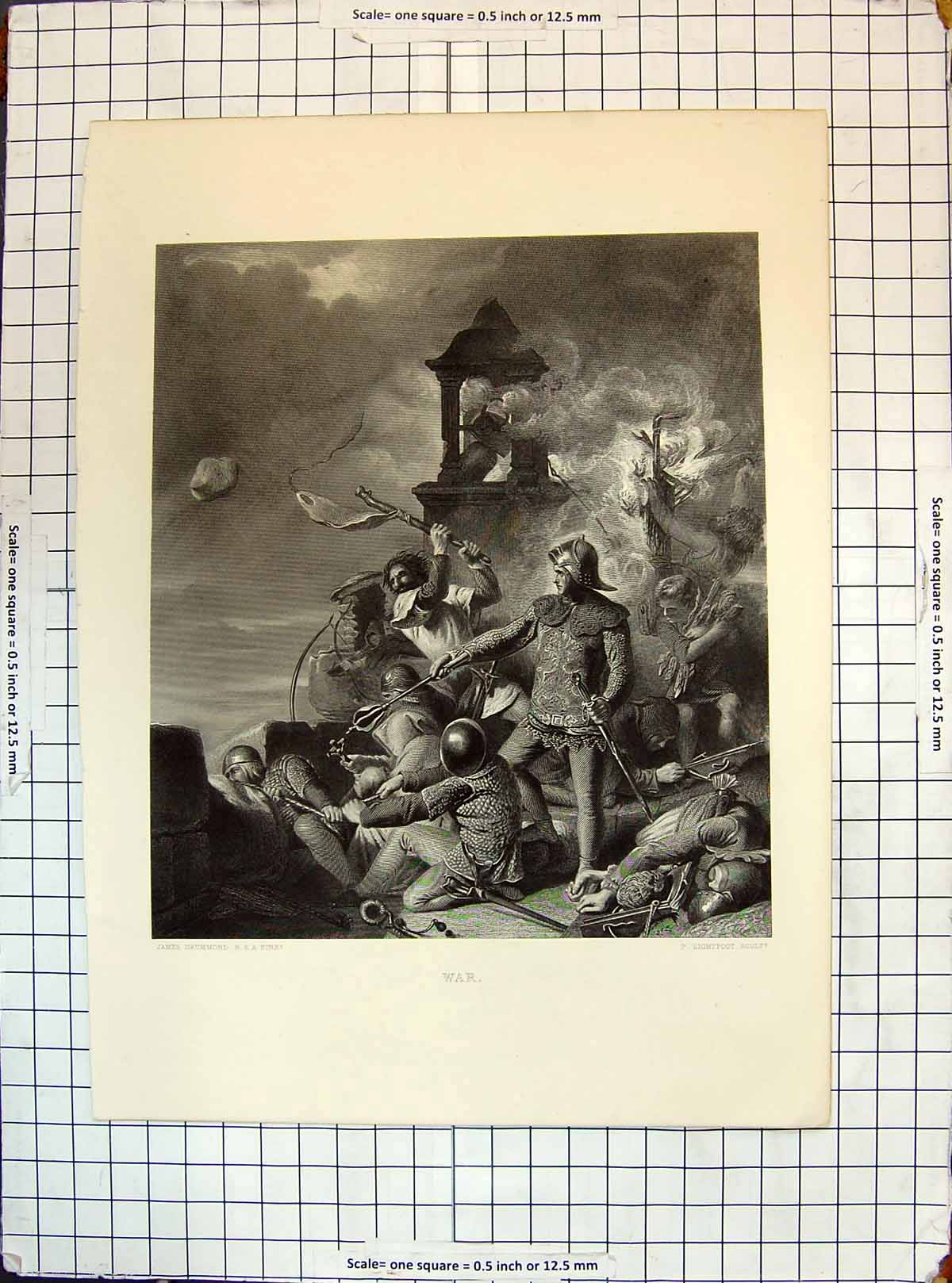 Old War Scene Battle Castle Throwing Fire Engraving Lightfoot Drummon