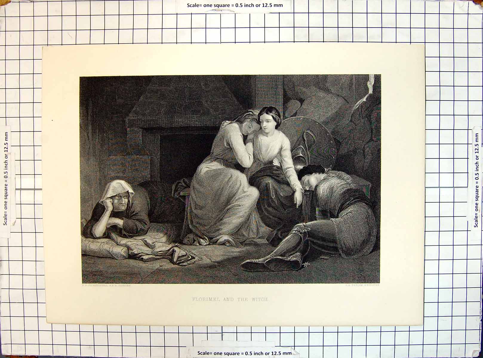 Old Scene Florimel Witch Ladies Men Sleeping Engraving Periam Pickers