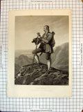 Original Old Antique Print Portrait Jager Man Mountains Engraving Jeens Foltz