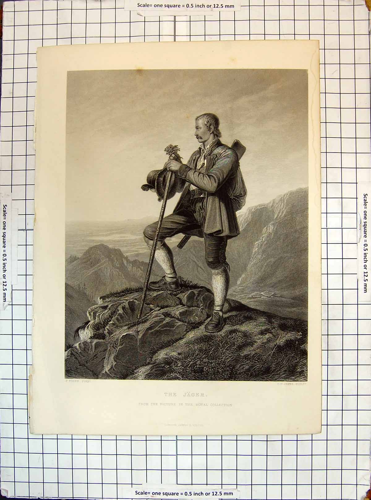 Original Old Antique Print Portrait Jager Man Mountains Engraving Jeens Foltz