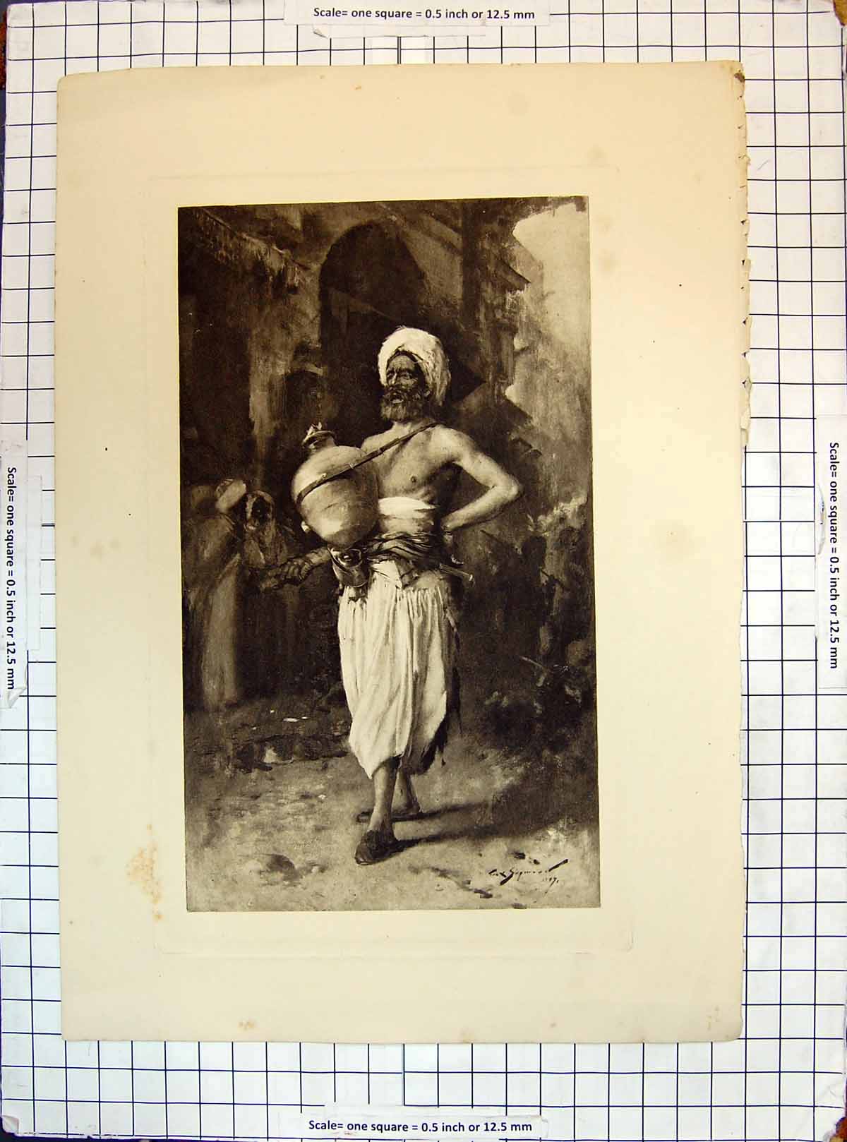 Old Antique Print Engraving Scene Street Scene Man Walking Urn Head-Dress