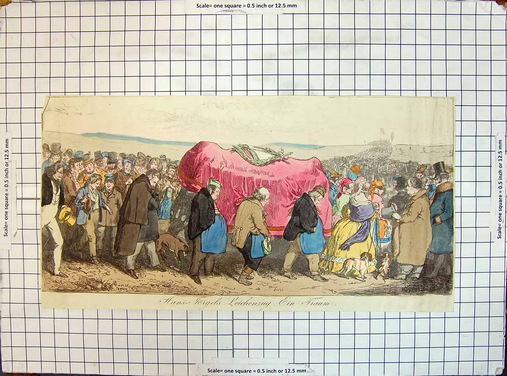 Original Old Antique Print Colour German Funeral Scene Hans Jorgels Leichenzug