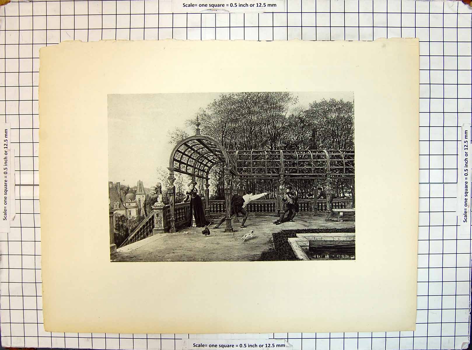 Original Old Antique Print Engraving Men Sword Duel Fight Lady Garden Scene