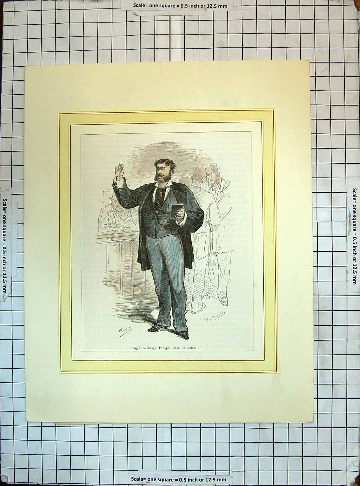 Old Print Colour Engraving L'Agent Change Dessin Bertall Man Court Scene