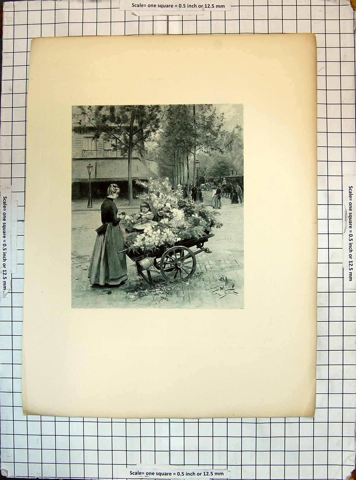 Old Antique Print Engraving Street Scene Lady Market Flowers Seller Cart