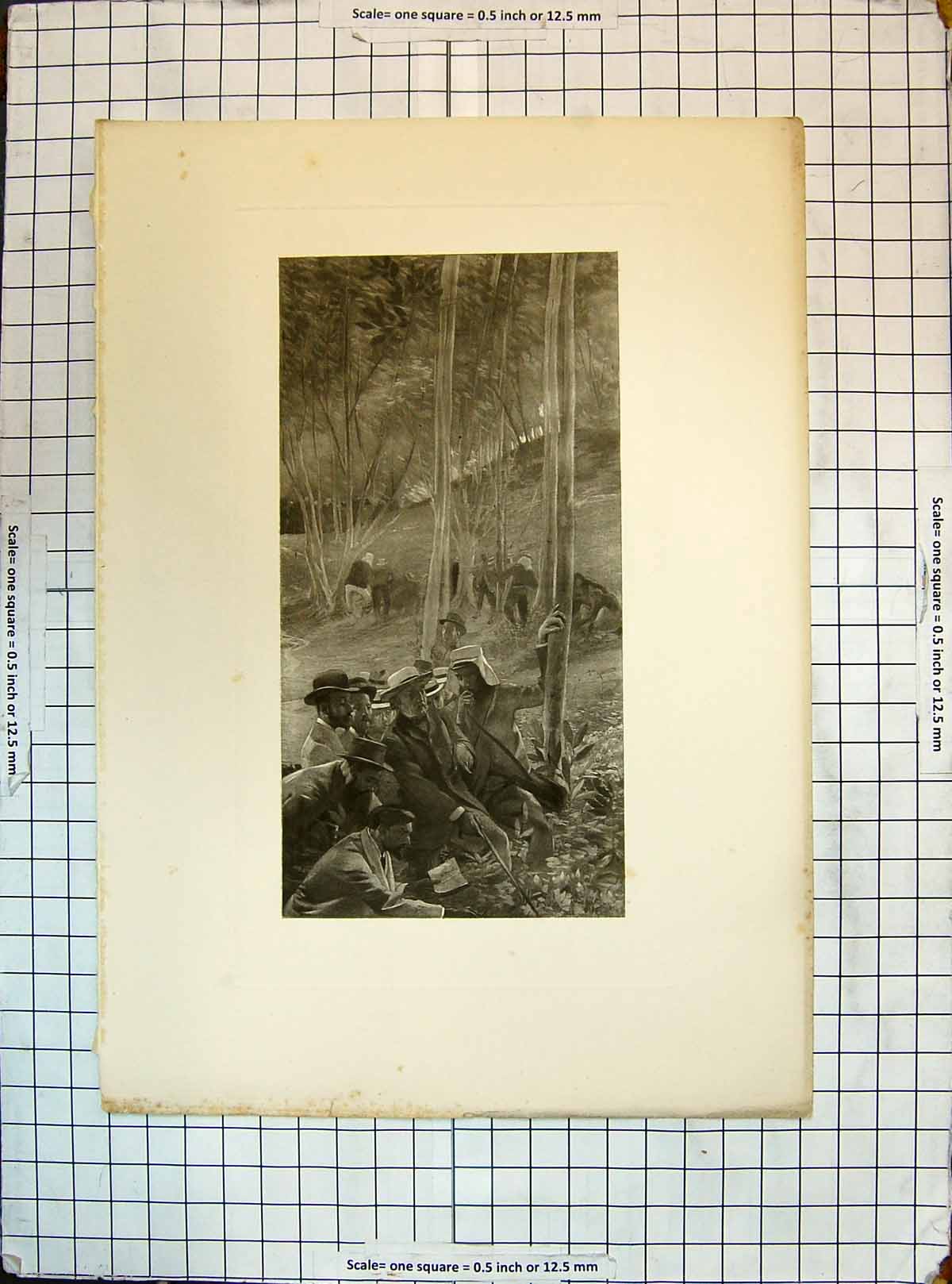 Original Old Antique Print Engraving Scene Men Hiding Forest Trees Fire