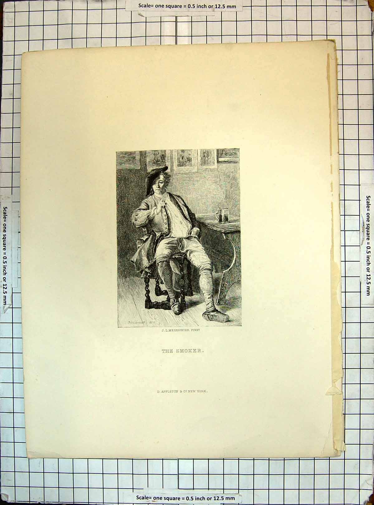 Old Print Engraving Man Sitting Chair Smoking Pipe The Smoker Meissonier