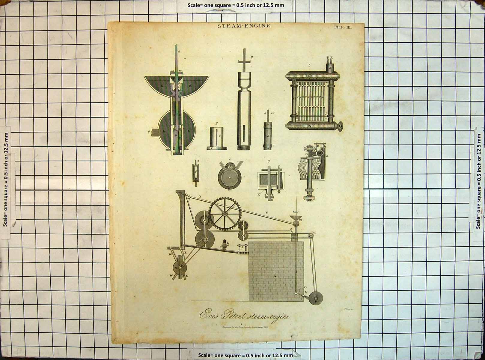 Original Old Antique Print Engraving 1827 Eve'S Patent Steam Engine Machinery
