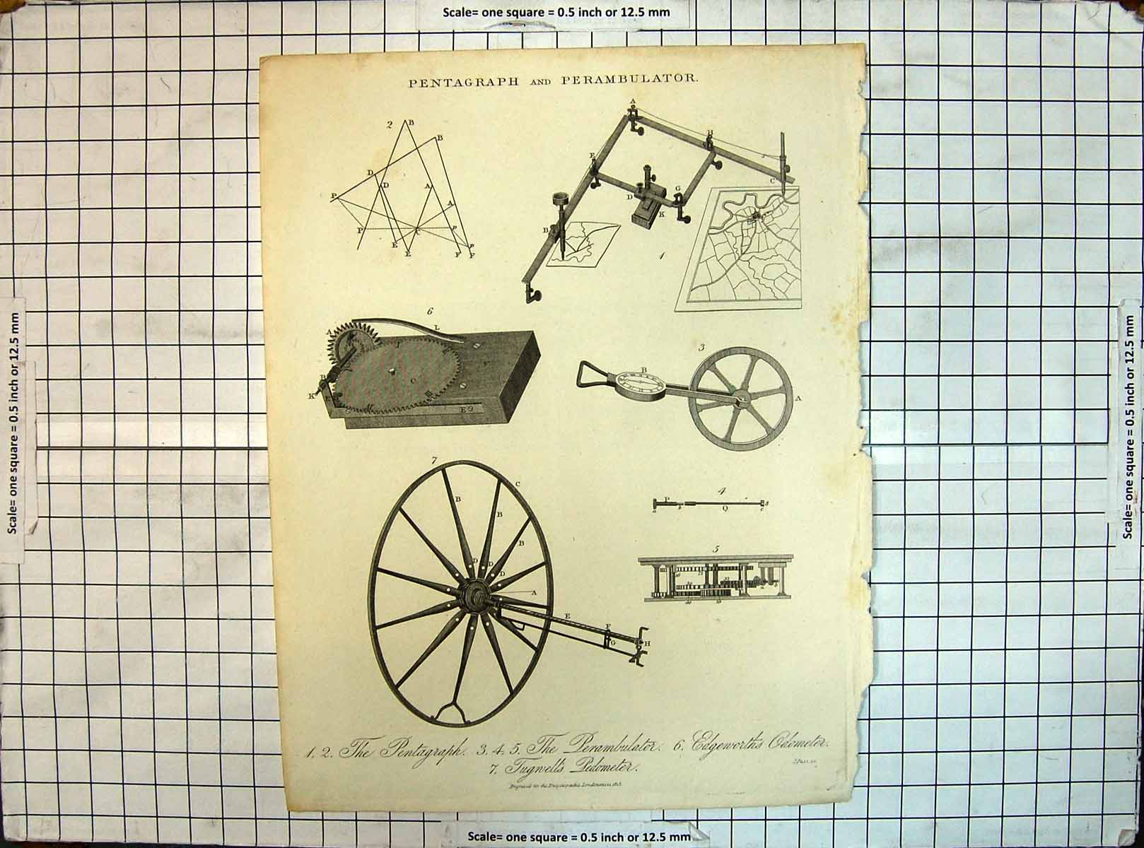 Old Engraving Pentagraph Perambulator 1813 Edgeworth Odometer Pedomet 19th