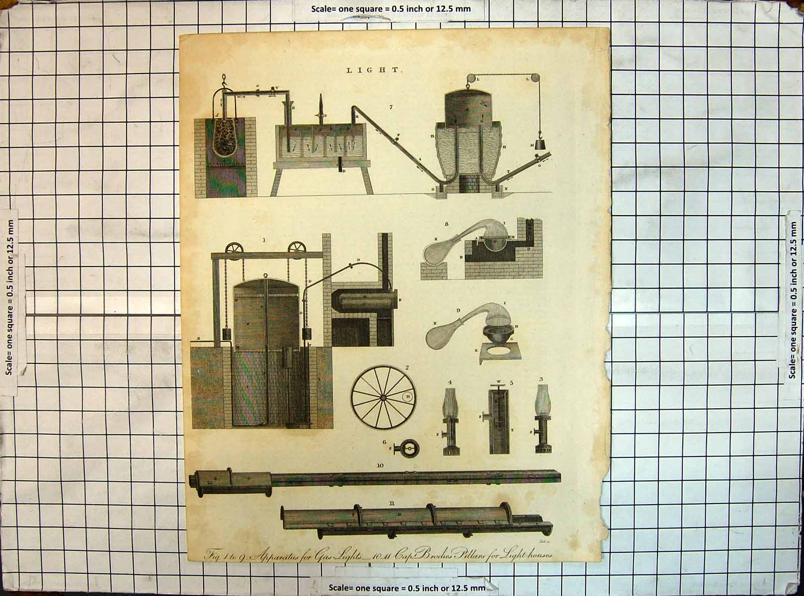 Antique Old Print Light Apparatus Gas Brodies Pillars Light-Houses Engraving