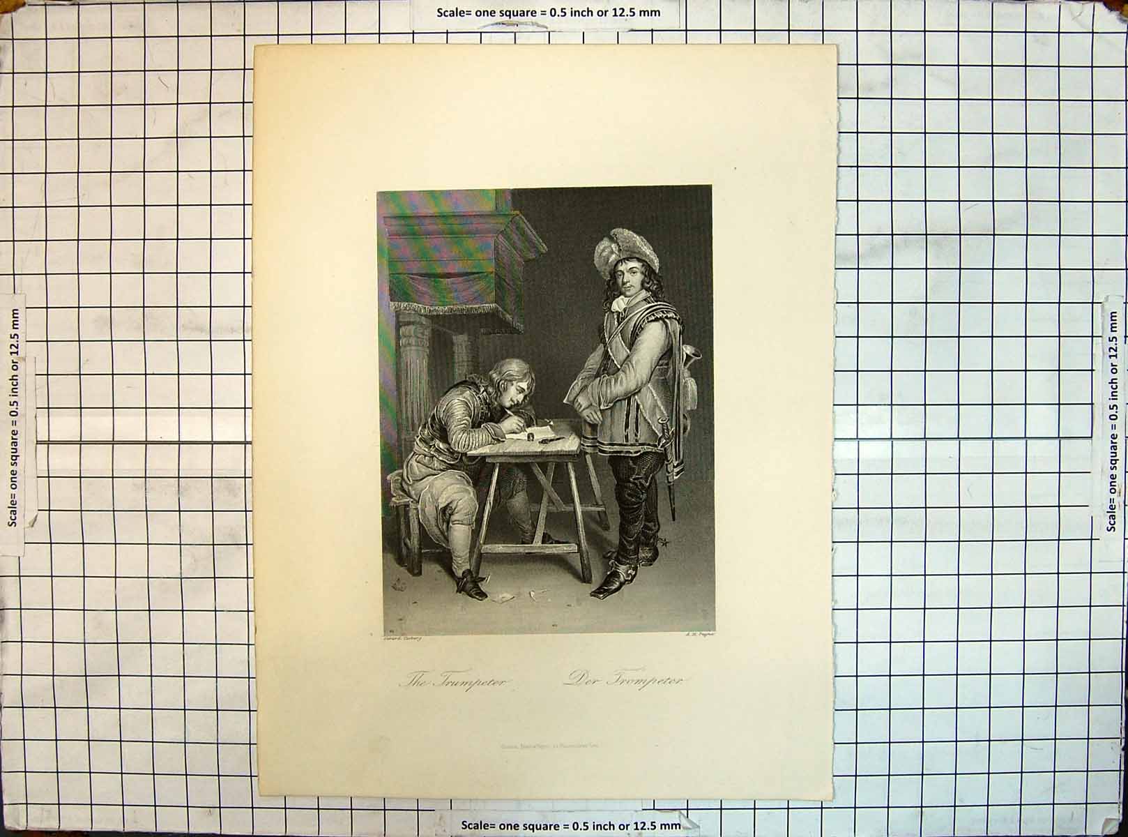 Old Print Engraving Trumpeter Der Trompeter Man Writing Table Desk Payne