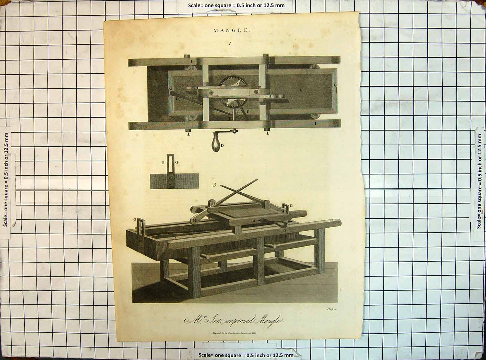 Original Old Antique Print Engraving Mangle Lees Improved Machinery 1816 19th